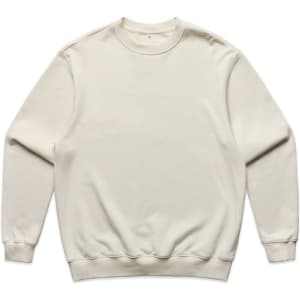 A beige jumper with a classic crew neckline and ribbed cuffs and hem. It features a small logo on the front.