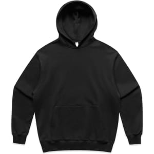 A black hoodie featuring a front pocket and a hood, with a logo present on the design.