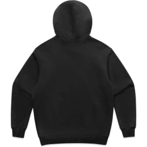 A black hoodie featuring a plain design without any visible logos or branding. The back view highlights the hood and sleeves.