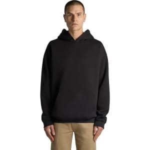 A black hoodie with a front pouch pocket and a drawstring hood, featuring a logo on the sleeve.
