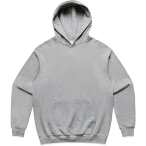 A grey hoodie featuring a kangaroo pocket and a hood, with an unspecified logo.