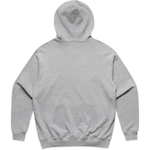 A grey hoodie with a spacious hood and long sleeves, featuring a logo on the back.