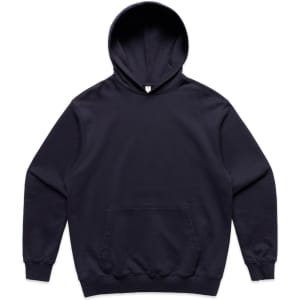 A navy blue hoodie with a front pocket and a large hood, featuring a logo on the front.