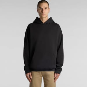 A black hoodie with a spacious front pocket and a drawstring hood, featuring a logo on the front.