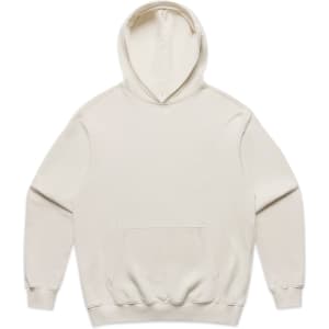 A cream-coloured hoodie with a front pocket and hood, featuring a logo.