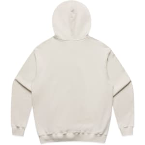 A beige hoodie with a hood and long sleeves, featuring a logo on the back.