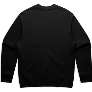A black sweater with a crew neckline and long sleeves, featuring a plain back and a subtle logo.