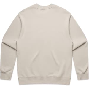 A beige jumper with long sleeves and a crew neck, featuring a plain back and ribbed cuffs.