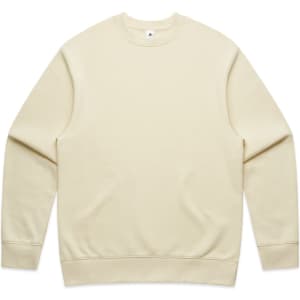A beige jumper featuring a crew neck design and long sleeves, with a logo on the front.