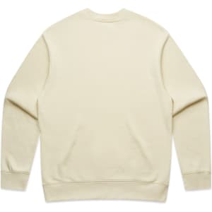 A cream-coloured sweater with a simple design and a logo on the back.