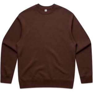 A brown sweater with long sleeves and a round neckline, featuring a logo on the inside label.