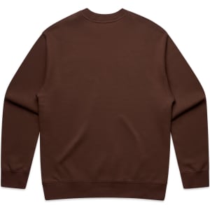 A brown sweater with long sleeves and a crew neckline. Features a plain back and includes a logo.