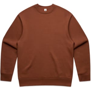 A brown jumper with a classic crew neck design and long sleeves, featuring a logo on the neckline.