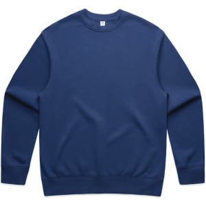 A navy blue sweater with long sleeves and a crew neckline, featuring a logo on the inside tag.