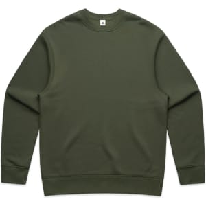 A green sweater with a crew neck and long sleeves, featuring a logo on the neckline.