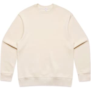 A cream-coloured jumper with a round neckline and long sleeves. It features a logo on the front.