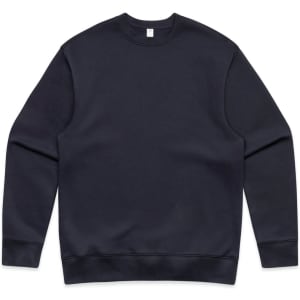 A navy jumper with a classic crew neck and long sleeves. It features a plain design and has a branding logo.
