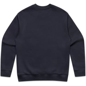 A navy jumper with long sleeves and a crew neckline. It features a logo on the back.