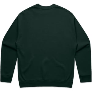 A dark green sweater with long sleeves and a crew neck, featuring a logo on the back.