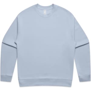 A light blue sweater featuring a round neckline and long sleeves, with a small logo on the label.