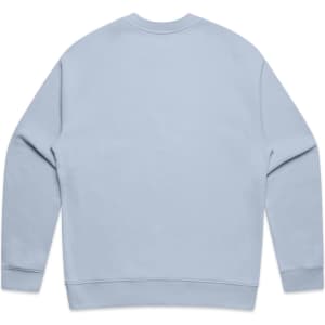 A light blue sweater with a simple design and a branding logo on the back.