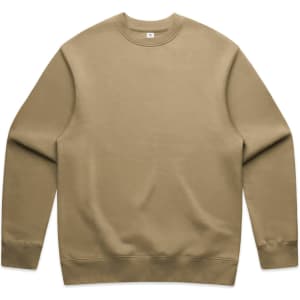 A beige sweater with a rounded neckline and long sleeves. The sweater has a logo on it.