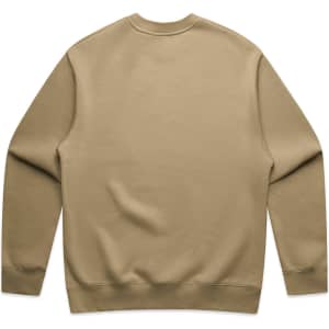 A tan-coloured sweater with a plain back and long sleeves, featuring a logo on the inner neck area.