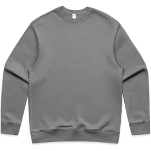 A grey jumper with a classic crew neckline and long sleeves. The garment has a smooth texture and features a logo.