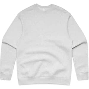 A grey crew jumper with long sleeves and a plain design. It features a branding logo.