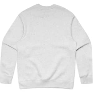 A grey sweater with a simple design, featuring a round neckline and long sleeves. It has a logo on the back.