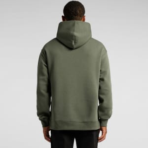 A green hoodie with a large hood, featuring a simple design and a relaxed fit, shown from the back.