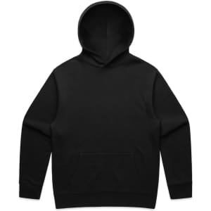 A black hoodie featuring a front pocket and a large hood, with a subtle logo on the design.