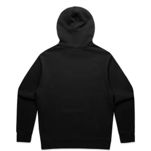 A black hoodie is displayed, featuring a hood and long sleeves. The back view emphasizes its simple design.