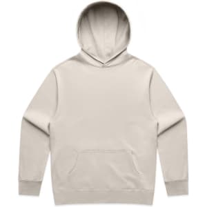 A beige hoodie with a front pocket and a large hood. The garment features a logo on the front.