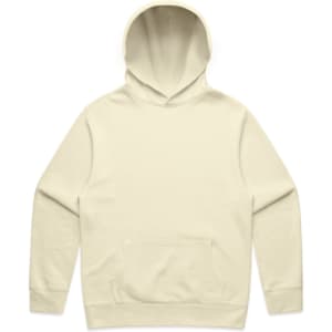 A cream-coloured hoodie with a front pocket and a hood, featuring a logo on the front.