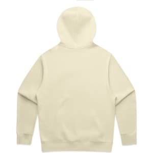 A beige hoodie with a large hood and long sleeves, featuring a plain back design and a small logo.