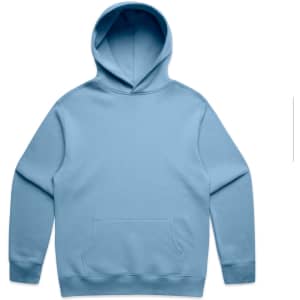 A light blue hoodie featuring a front pocket and a hood. The product includes a logo.