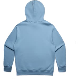 A blue hoodie with a hood, featuring a plain back design and long sleeves. It has a logo.