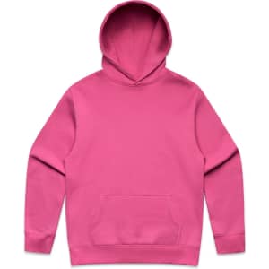 A pink hoodie with a front pocket and a drawstring hood. It features a logo on one side.