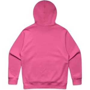 A pink hoodie featuring a hood and long sleeves, with a plain back and a subtle logo.