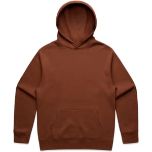 A brown hoodie with a front pocket and an attached hood, featuring a logo on the front.