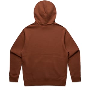 A brown hoodie featuring a hood and long sleeves, presented from the back view. The hoodie has a logo.
