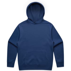 A navy blue hoodie with a kangaroo pocket and a large hood, featuring a logo on the front.