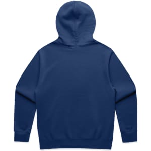 A navy hoodie featuring a spacious back design and a hood. It includes a logo detail.
