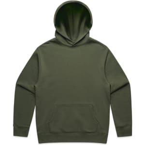 An olive green hoodie with a front pocket and a large hood, featuring a small logo.