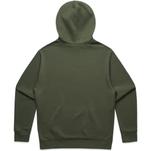 A green hoodie with a hood, featuring long sleeves and a plain back design. It includes a logo.