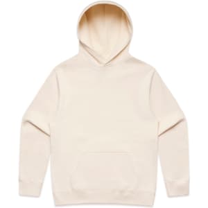 A cream-coloured hoodie featuring a front pocket and a hood. The hoodie includes a logo.