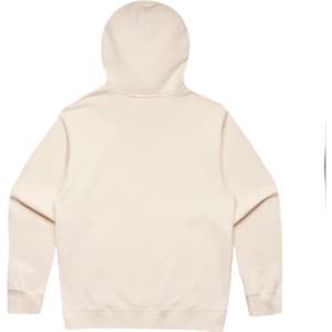 A beige hoodie with a kangaroo pocket and a hood, featuring a branding logo.