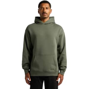 A green hoodie with a front pocket and a hood, featuring a logo. The model is standing upright.