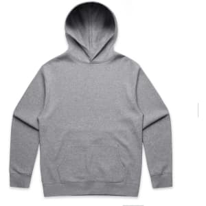 A grey hoodie featuring a front pocket and a drawstring hood. The back is plain and has a logo.